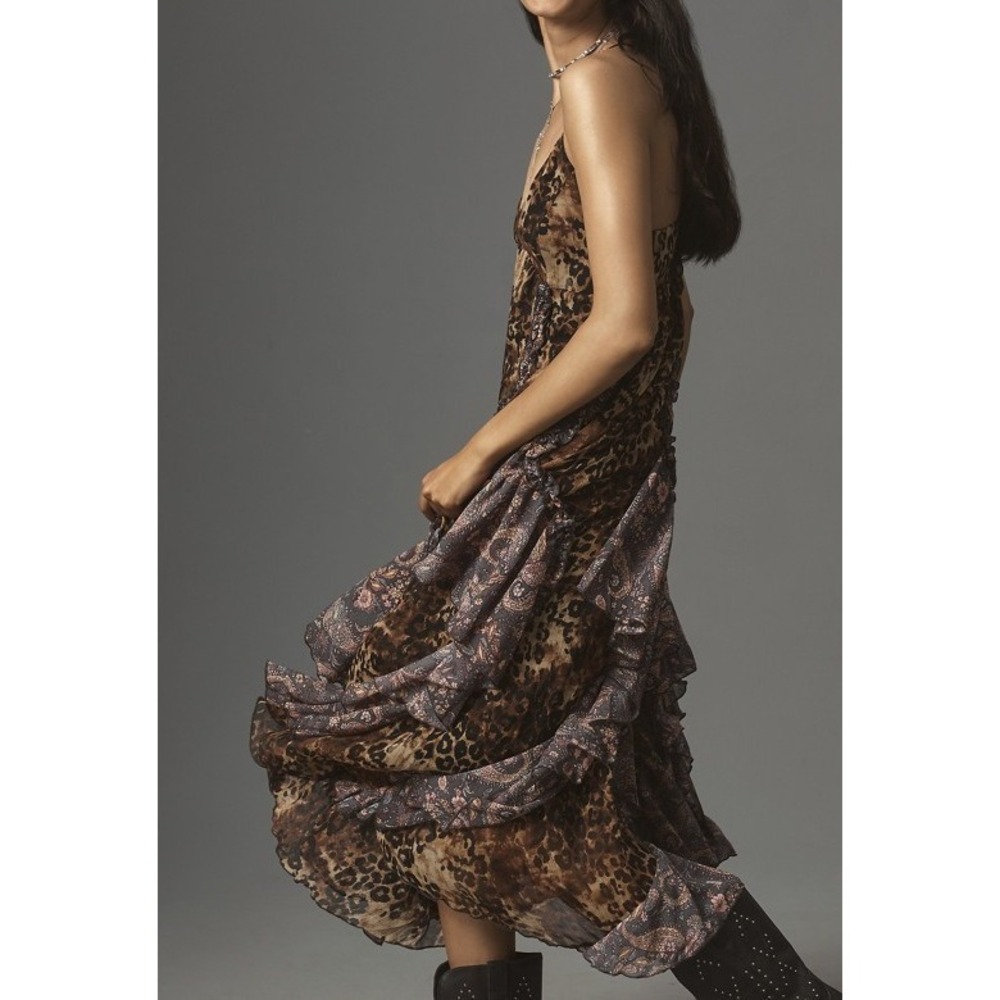 New With Defects Anthropologie Ruffled Chiffon Maxi Dress Leopard Animal Print M - Picture 14 of 16